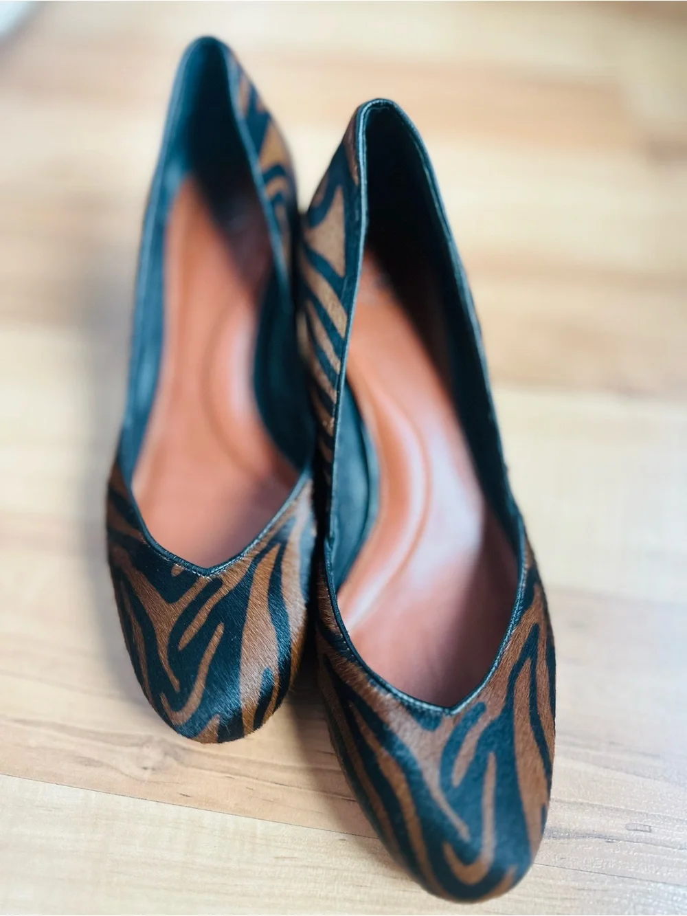 Johnston & Murphy Brown and Black Zebra Animal Print/Hair-calf Low Wedge Pumps